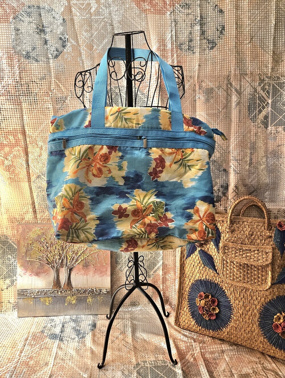 Floral Blue Canvas Tote Bag with Zip
